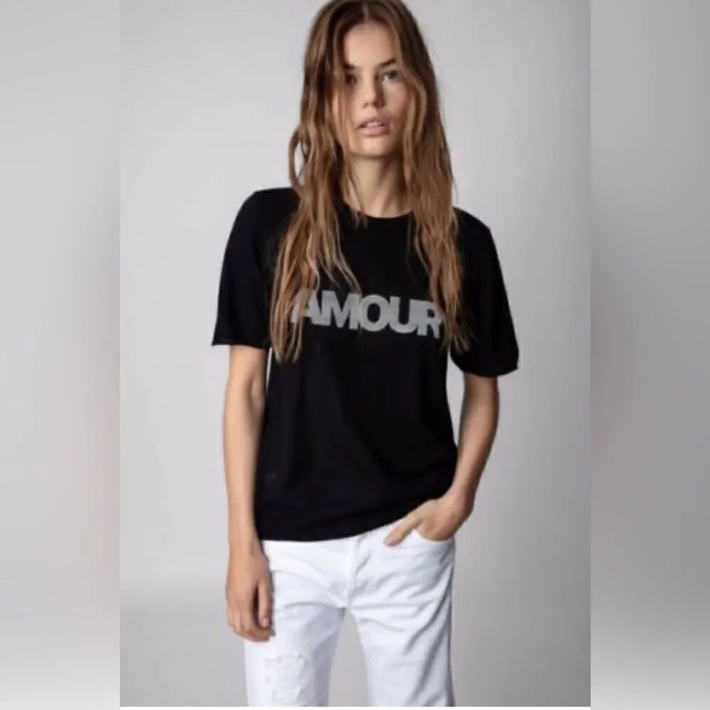 Zadig & Voltaire Ida Amour cashmere black shirt sleeve Sweater. NWT. XS